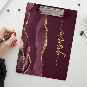 Porte-bloc Signature personnalisée Bourgogne Rouge Agate doré
