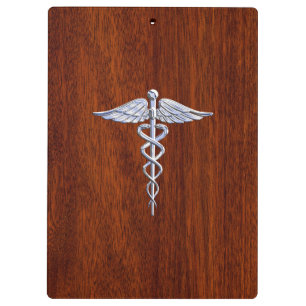 Porte-bloc Symbole Médicale Silver Caduceus Décor en acajou