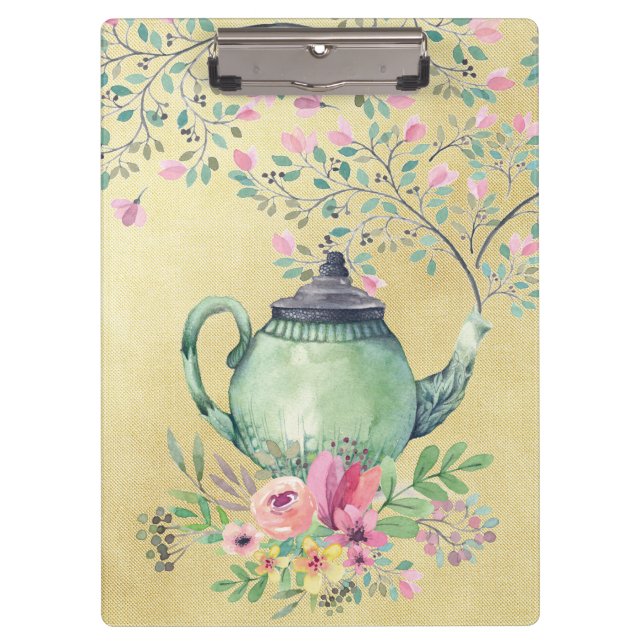 Porte-bloc Théière d'aquarelle et or élégants de fleurs (Devant)
