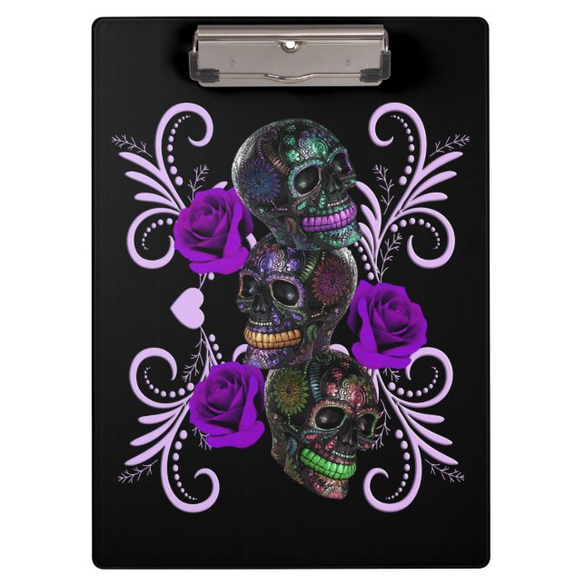 Porte-bloc Triple Jour Noir Des Crânes Morts Roses Violets (Devant)
