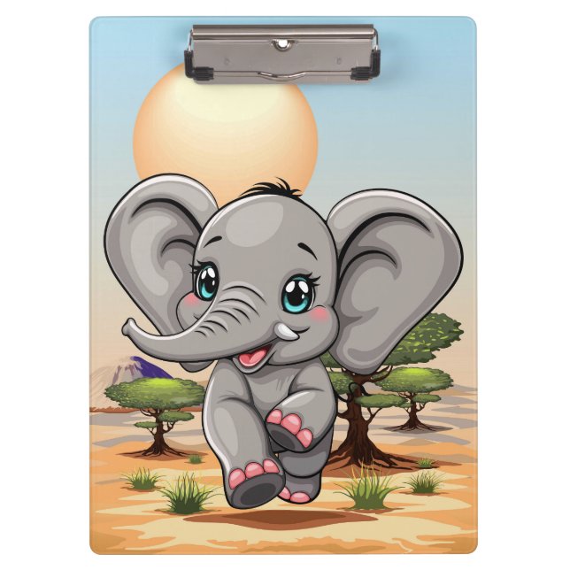 Porte-bloc Un bébé éléphant qui sonne heureux dans la savane  (Devant)