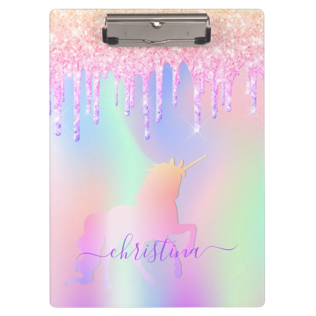 Porte-bloc Unicorn rose violet gouttes holographiques (Devant)