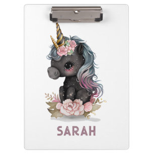 Porte-bloc Unicorne noire mignonne avec Fleurs Aquarelle Unic