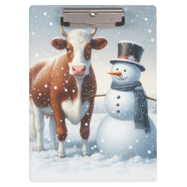Porte-bloc Vache mignonne et bonhomme de neige dans le champ  (Devant)