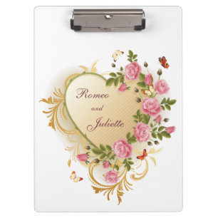 Porte-bloc Valentines - coeur rayé d'or avec des roses