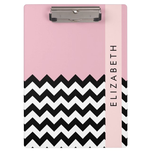 Porte-bloc Zigzag noir et blanc, Chevron, rose, Votre nom (Devant)