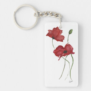 Porte - clé acrylique à fleurs rouges, (double fac