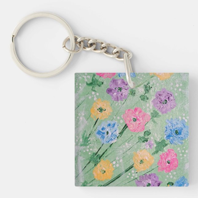 Porte - clé Carré Acrylique Floral Pastels (Devant)