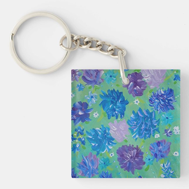 Porte - clé Carré en acrylique floral frappé (Devant)