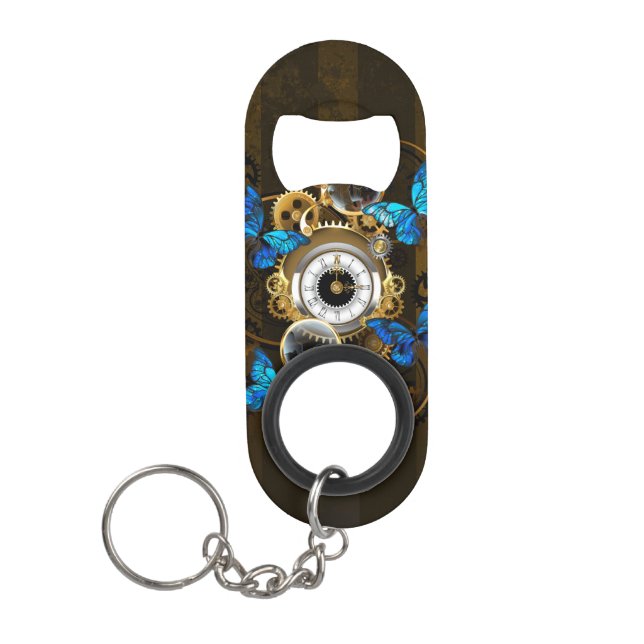 Porte-clé Décapsuleur Engrenages à vapeur et papillons bleus (Devant)