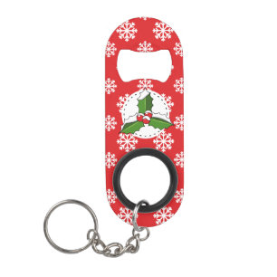 Porte-clé Décapsuleur Modèle Baie de houx sur flocons de neige rouges bl
