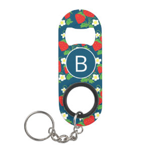Porte-clé Décapsuleur Monogramme motif bleu fraise et fleurs