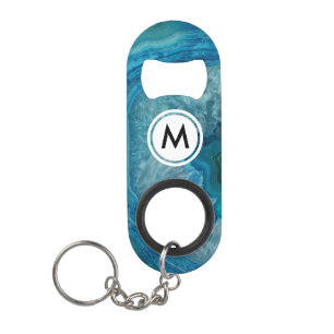 Porte-clé Décapsuleur Motif Cool Blue Agate avec monogramme