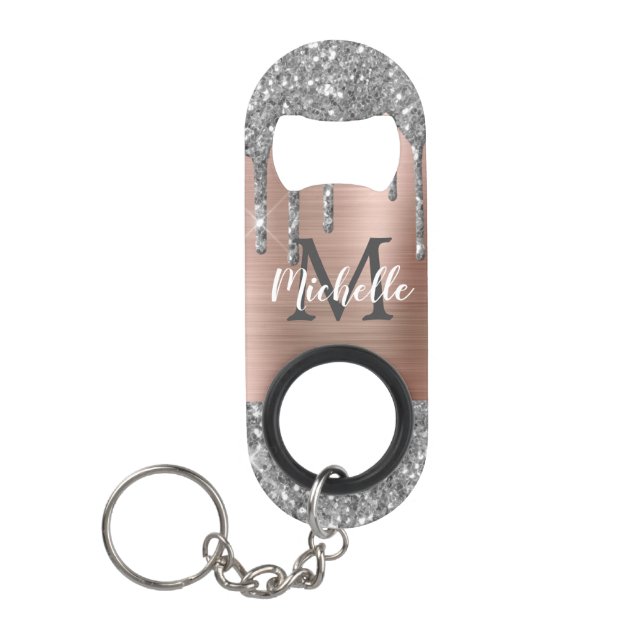 Porte-clé Décapsuleur Parties scintillant en argent monogramme Rose méta (Devant)