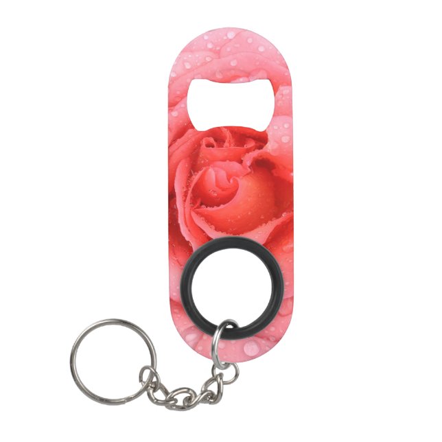 Porte-clé Décapsuleur Romantique Rose rose rouge gouttes d'eau (Devant)