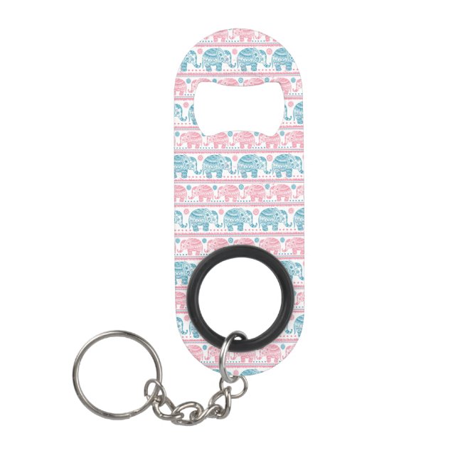 Porte-clé Décapsuleur Rose et motif ethnique turquoise d'éléphant (Devant)