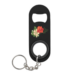 Porte-clé Décapsuleur Rose rouge et pâquerettes Fond noir
