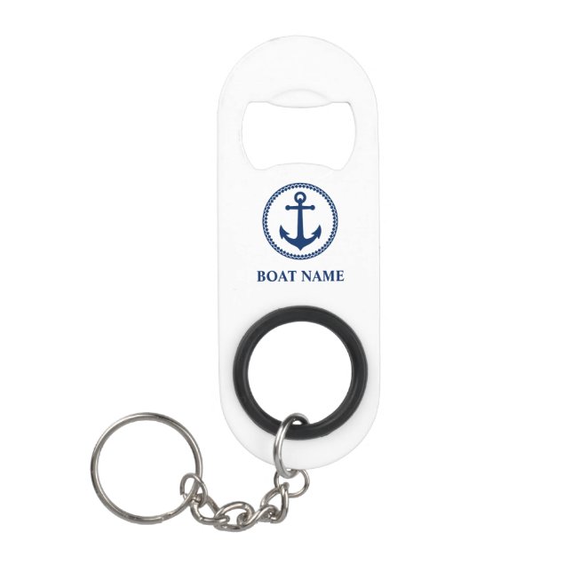 Porte-clé Décapsuleur Votre nom de bateau Ancre marine bleu blanc (Devant)
