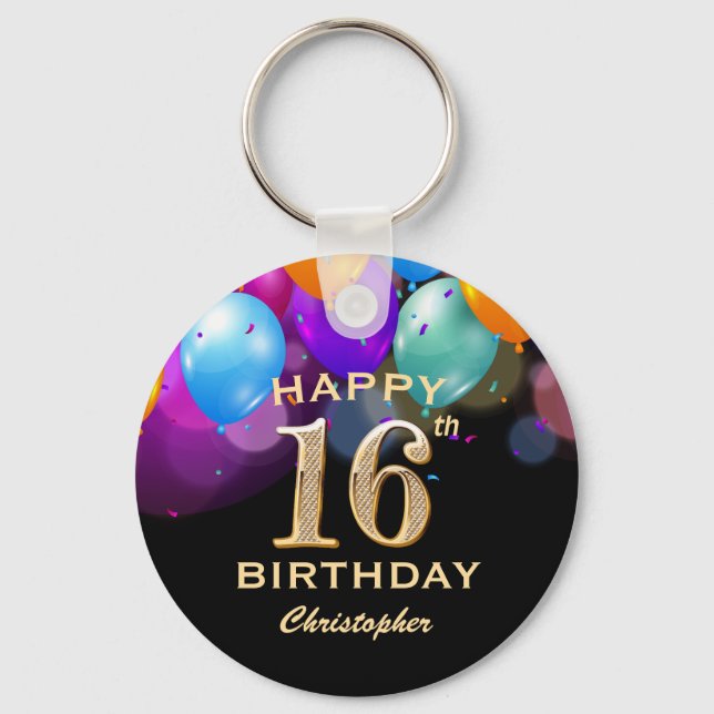 Porte-clés 16e fête d'anniversaire Ballons noirs et or (Recto)