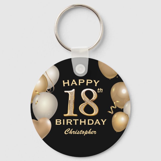 Porte-clés 18e fête d'anniversaire Ballons noirs et or (Recto)
