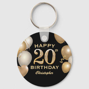 Porte-clés 20e fête d'anniversaire Ballons Noir et Or