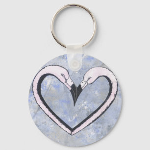 Porte-clés 2 Flamant rose baiser coeur sur bleu