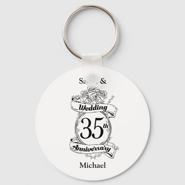 Porte-clés 35e anniversaire du Mariage Fleurs noir et blanc (Recto)