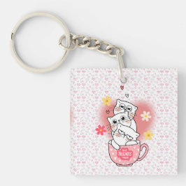 Porte-clés 3 chats à fleurs et une tasse