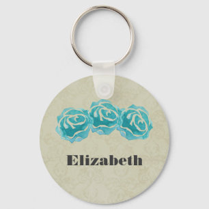 Porte-clés 3 Roses Turquoises d'aquarelle sur Tan Damask Cust