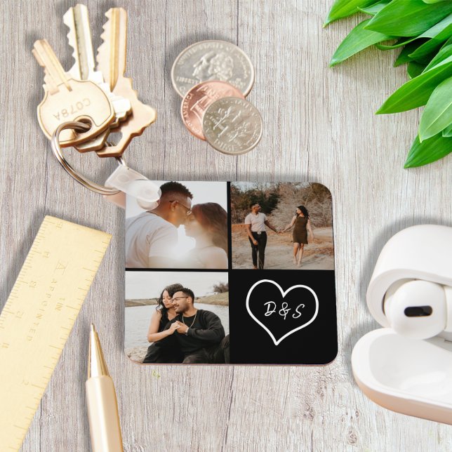 Porte-clés 4 Photo personnalisée Collage initial Coeur person (Créateur téléchargé)