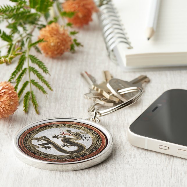 Porte-clés [600] Dragon oriental sacré noir et or (Côté)