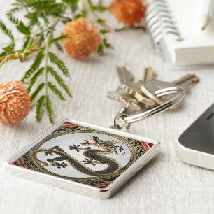 Porte-clés [600] Dragon oriental sacré noir et or