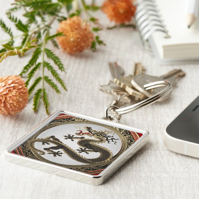 Porte-clés [600] Dragon oriental sacré noir et or (Côté)