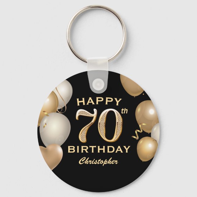 Porte-clés 70e fête d'anniversaire Ballons noirs et or (Recto)