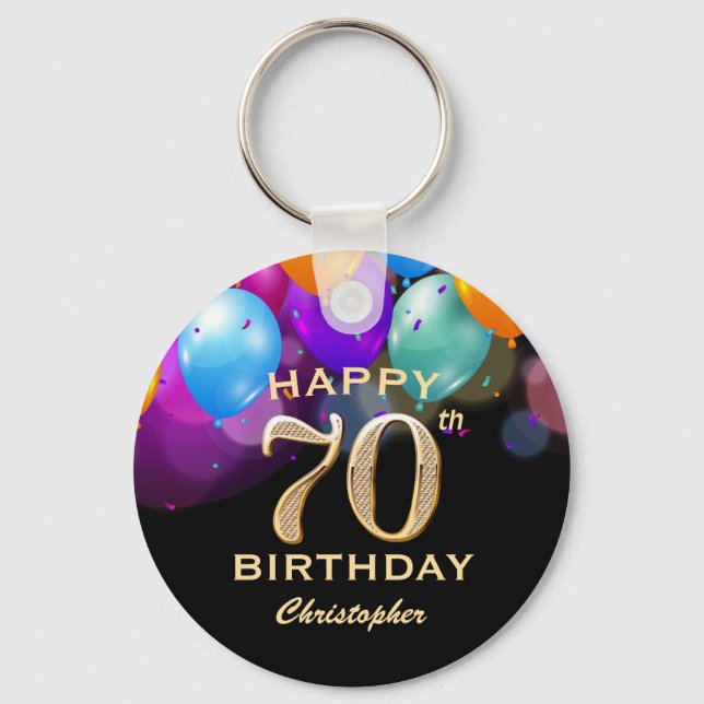 Porte-clés 70e fête d'anniversaire Ballons noirs et or (Recto)