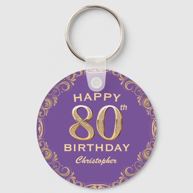 Porte-clés 80e anniversaire fête violet et Parties scintillan (Recto)