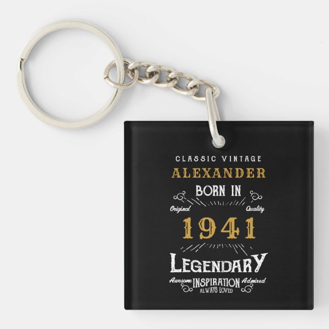 Porte-clés 80e anniversaire personnalisé Né en 1941 Noir Vint (Devant)