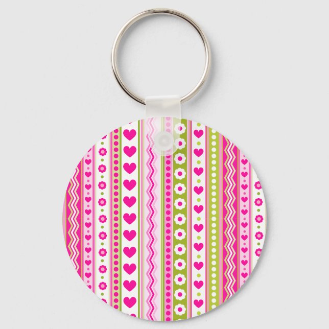 Porte-clés Abstrait motif vert rose + points fleurs coeurs (Recto)