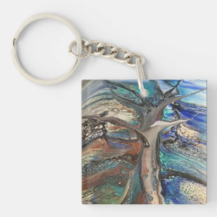 Porte-clés Abstraits blues et verts d'arbres sauvages