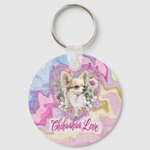 Porte-clés Adorable Chihuahua avec le thème rose fleurs