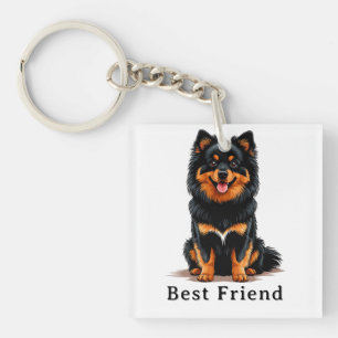 Porte-clés Adorable chiot Pomeranian noir et feu