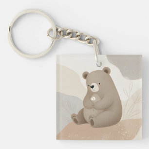 Porte-clés Adorable Ours Brun à la Marguerite - Aquarelle