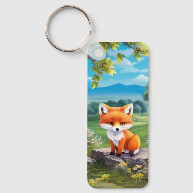 Porte-clés Adorable Renard assis sous l'arbre (Recto)