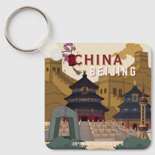 Porte-clés Affiche de voyage Pékin Chine Illustration Vinta