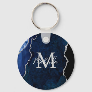Porte-clés Agate Marbrée Bleu Nuit et Argent
