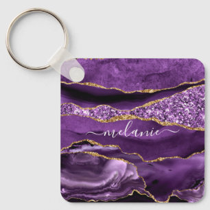 Porte-clés Agate Purple Violet Gold Glitter Geode Custom Name