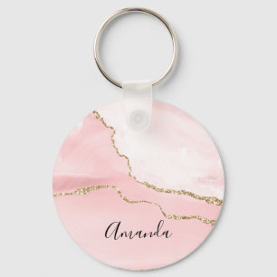 Porte-clés Agate rose vierge avec ruban or Élégant