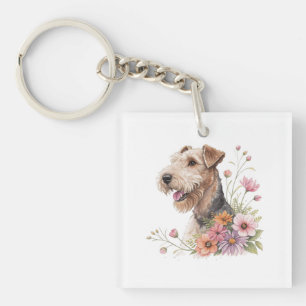 Porte-clés Airedale Terrier avec des fleurs
