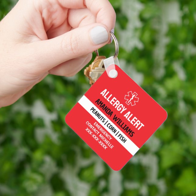 Porte-clés Alerte d'allergie rouge personnalisée (main)