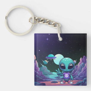 Porte-clés Alien de paix mignon et vaisseau spatial